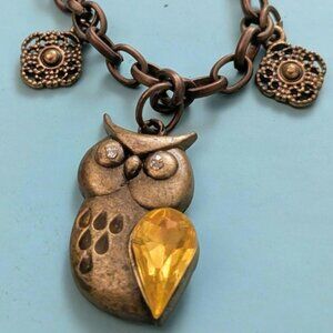 Antique Copper Brass Pendant Owl Necklace - Yellow Crystal and Freshwater Pearls